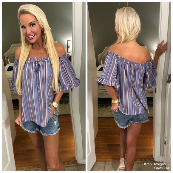 Tops - ❤️LAST 1! Off Shoulder Blue/Lavender Striped Top!